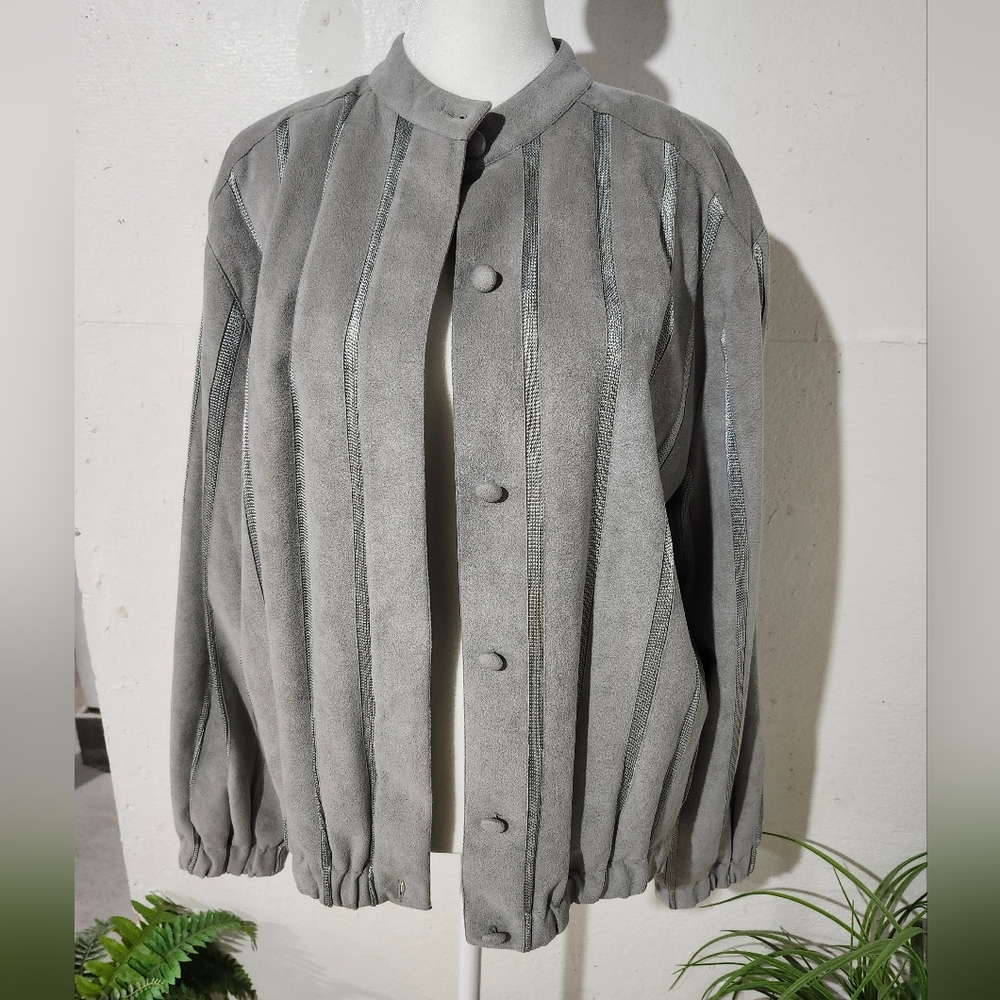 St. Croix Knits Womens Gray Faux Suede Metallic Striped Bomber Jacket Large VTG